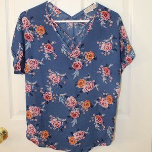 Pink Rose Blue with Pink Flower Short Sleeve Blous